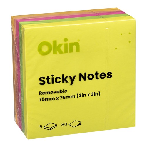 Okin Sticky Notes 75mm x 75mm Neon 5 Pack